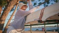 Woman relax river weekend alone. Closeup beautiful camp girl posing in sunlight Royalty Free Stock Photo