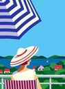 Woman relax on village house balcony flat vector