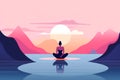 woman exercise relaxation sea back silhouette lotus yoga meditation ocean person. Generative AI.