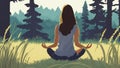 Woman Relaxation and Meditating in Meadow Painting