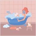 Woman relaxes with glass of wine, with aroma candles in the bathroom. Girl stayed at home and enjoys taking a bath with Royalty Free Stock Photo