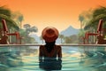 A woman relaxes in a pool, wearing a hat on her head, A top view captures a young African American woman using a laptop while Royalty Free Stock Photo