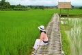 Woman Relaxing on the Bamboo Path over Vibrant Green Paddy Field, Nan Province, Northern Thailand