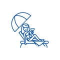 Woman relaxing on beach in sunbed line icon concept. Woman relaxing on beach in sunbed flat vector symbol, sign, outline Royalty Free Stock Photo