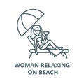 Woman relaxing on beach in sunbed  vector line icon, linear concept, outline sign, symbol Royalty Free Stock Photo