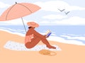 Woman relaxing with book on beach on summer holiday. Suntanned girl reading and sunbathing on towel, sand under umbrella Royalty Free Stock Photo