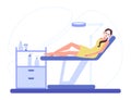 Woman relaxing with clay facial mask in beauty salon. Girl is lying on the medical couch. Cartoon flat style. Vector illustration