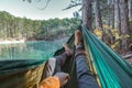 Woman relaxing in the hammock by the lake Royalty Free Stock Photo