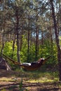 Woman relaxing in the hammock in the middle of a pine forest, watching sundown. Slow life concept. Hipster. Camping tent. Vertical