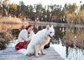 Woman relaxing with her Samoyed dog friendly pet on wooden bridge in park, happiness and friendship. Royalty Free Stock Photo