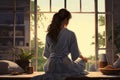 Woman relaxing home daylight. Generate AI Royalty Free Stock Photo