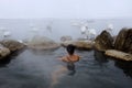 Woman relaxing in a hot spring with whooper swans swimming around, in Lake Kussharo, Hokkaido, Japan Royalty Free Stock Photo