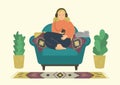 Woman relaxing and listenning podcasts, online trainings, music, or online radio.