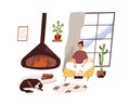 Woman relaxing and meditating in modern cozy living room at home, sitting in comfortable armchair by fireplace. Peaceful