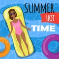 Woman relaxing in a pool. Top view, summertime, holidays poster. Female swimming, have a fun time in the pool. Vector