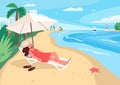 Woman relaxing at sandy beach flat color vector illustration Royalty Free Stock Photo