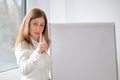 Woman remonstrating with her audience during a presentation