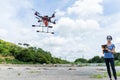 Woman with remote control and flying surveillance drone