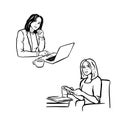 Woman remote work by phone, computer online monochrome, websites vector illustrations