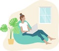 Woman remote working from home in office beanbag chair. Relaxing freelance designer, developer work flat style vector Royalty Free Stock Photo