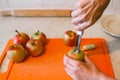 Woman removing the core and pips from the juicy apple with metal apple corer Royalty Free Stock Photo