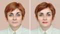 Woman before and after removing eye bags, applying make-up and hair styling Royalty Free Stock Photo