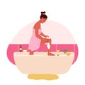 Woman removing hair on legs with depilatory cream, bathroom infographic presentation