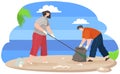 Woman is removing plastic and paper waste with rake. Male character throwing bottle in trash bag