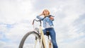 Woman Rent Bike To Explore City Copy Space. Girl Rides Bike Sky Background. Bike Rental Shops Primarily Serve People Who