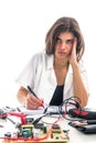 Woman Repairing Computer Part, Problems Concept, Service Center Problems. Electronics Repair Service Royalty Free Stock Photo