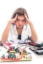 Woman Repairing Computer Part, Problems Concept, Service Center Problems. Electronics Repair Service Royalty Free Stock Photo