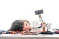 Woman Repairing Computer Part, Problems Concept, Service Center Problems. Electronics Repair Service Royalty Free Stock Photo