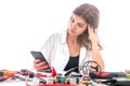 Woman Repairing Computer Part, Service Center, Electronics Repair Service Royalty Free Stock Photo