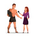 Woman reporter interviewing romans warrior actor