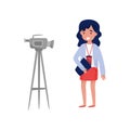 Woman reporter standing in front of camcorder. Professional journalist at work. Flat vector design