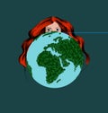 Redhead Woman Representing the Mother Earth Hiding behind the Planet Earth.