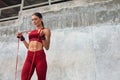 Woman. Resistance Band Workout For Strong Muscular Body. Fitness Girl In Fashion Sporty Outfit.