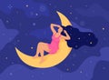 Woman rest on moon. Mystery girl calm dreaming and sleeping in night star sky, healthy deep sleep beautiful female with Royalty Free Stock Photo