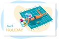 Woman rest on seacoast beach holiday lettering Royalty Free Stock Photo