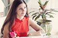 A woman in a restaurant is drinking cocktail Royalty Free Stock Photo