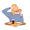 Woman in restaurant enjoys donut, drinks cola soda