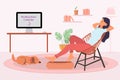 Young girl relaxing in chair next to shutting down personal computer on desk in living room. Digital detoxing concept