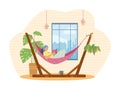 Woman resting at home with book in hammock, flat vector illustration isolated.