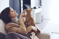 Woman resting with kitten Royalty Free Stock Photo