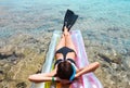 Woman resting on pool raft in flappers and snorkel Royalty Free Stock Photo
