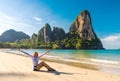 Woman resting on Railay beach Krabi Thailand. Asia Royalty Free Stock Photo