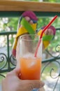 Woman resting sitting on the balcony with openwork metal bars, holding a misted glass with a cold summer drink and a straw, female