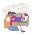 A woman is resting on the sofa with a phone in her hands. A woman is resting while cleaning the house. Flat cartoon colorful Royalty Free Stock Photo