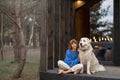 Woman rests with a dog near wooden cottage in nature Royalty Free Stock Photo