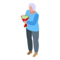 Woman retirement flowers bouquet icon, isometric style